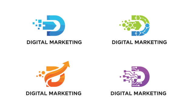 Collection of digital marketing logo designs using letter D with technology, growth arrows, and network connections.