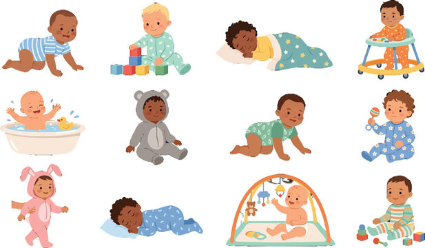 Set of diverse cute babies performing daily activities like sleeping playing and bathing in flat vector style