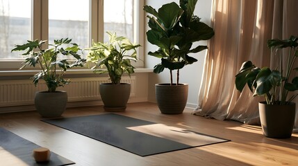 Fototapeta premium A peaceful indoor yoga mat surrounded by potted houseplants near a window with sunlight and curtains