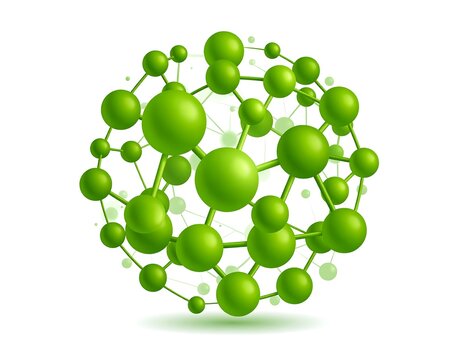 A green molecular structure model with various sized spheres connected by lines