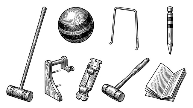 Vintage Engraving Style Croquet Equipment Set Illustration