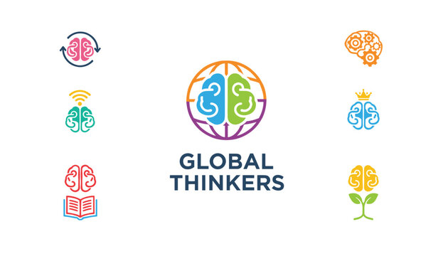 Global Thinkers logo template set with a colorful brain inside a globe grid icon and alternative concepts.