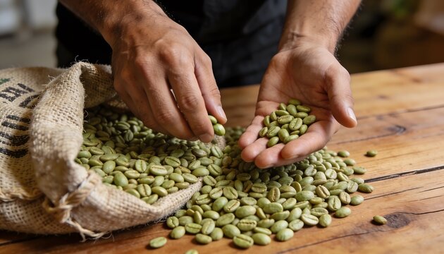 Close-up of a person's hands holding and examining green coffee beans, freshly harvested and displayed on a rustic wooden table with a burlap sack, highlighting the natural, unroasted state of the bea