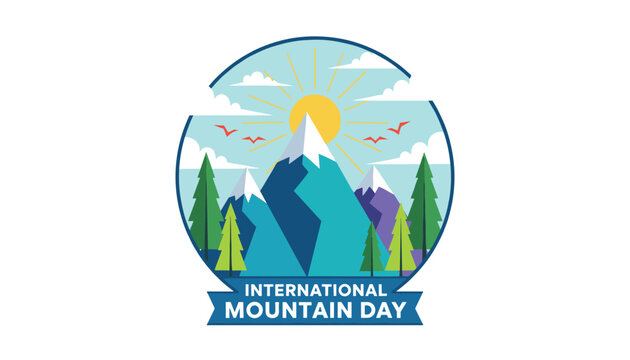 International Mountain Day badge illustration with snowy peak mountains, pine trees, sun, and flying birds.