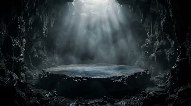Stone pedestal in a dark cave with dramatic light rays shining through mist grotto platform