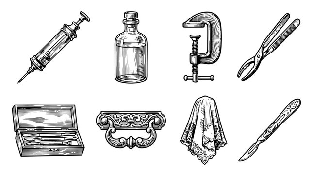 Set of Vintage Medical and Scientific Tools Engraving Illustration - Syringe, Scalpel, Apothecary Bottle, Forceps, and Ornate Objects