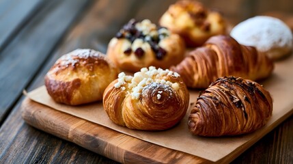 Fototapeta premium Golden brown croissants and assorted pastries arranged on a wooden board with parchment paper
