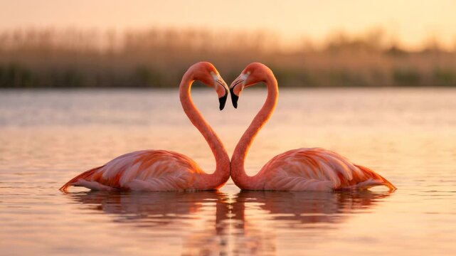 two flamingo forming heart shape at lake nakuru kenya golden light video