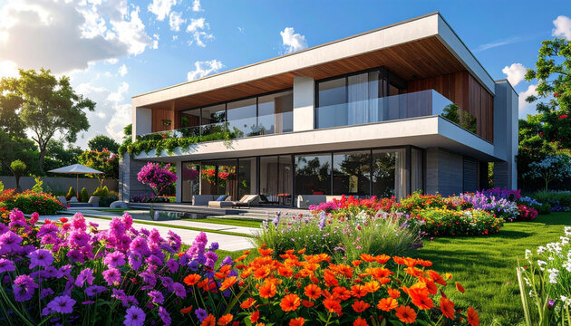 Modern luxury house with vibrant flower garden and pool on sunny day =