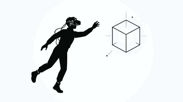 Virtual reality gaming concept with young adult wearing VR headset and exploring 3D cube