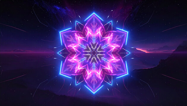 Neon glowing mandala flower over a cosmic landscape at night
