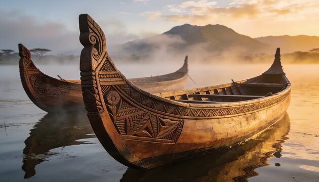 Two ancient wooden dugouts float peacefully on a misty lake at sunrise, showcasing intricate carvings with a backdrop of mountains and golden light