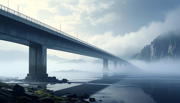 Overpass bridge stretching across misty landscape with mountains