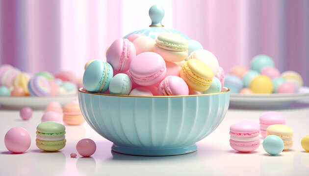 Pastel macarons in a decorative blue bowl with blurred background