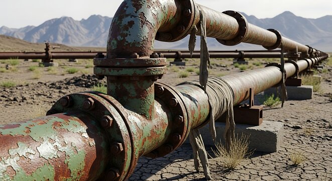 A long, rusty pipeline with green and brown paint peeling off, set against a backdrop of mountains and dry, cracked earth