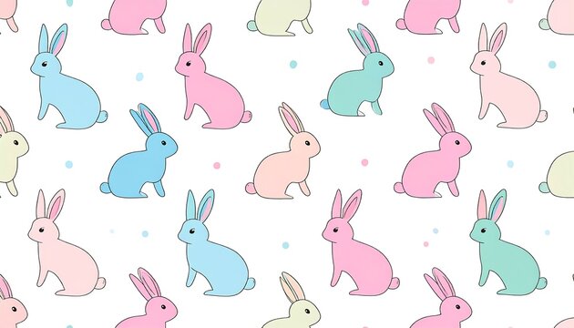 A seamless pattern of cute cartoon rabbits in pastel colors on white background