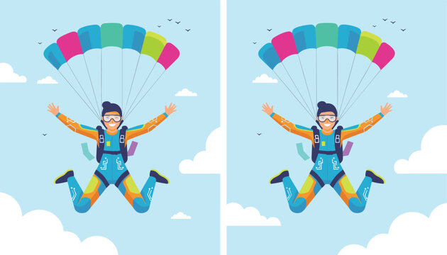 Joyful young woman skydiving with colorful parachute in blue sky with white clouds in flat vector illustration style.