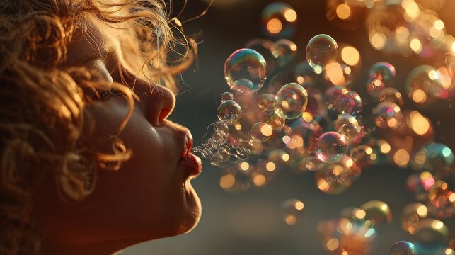 Young child blowing vibrant soap bubbles in the sunshine, creating a magical and playful atmosphere