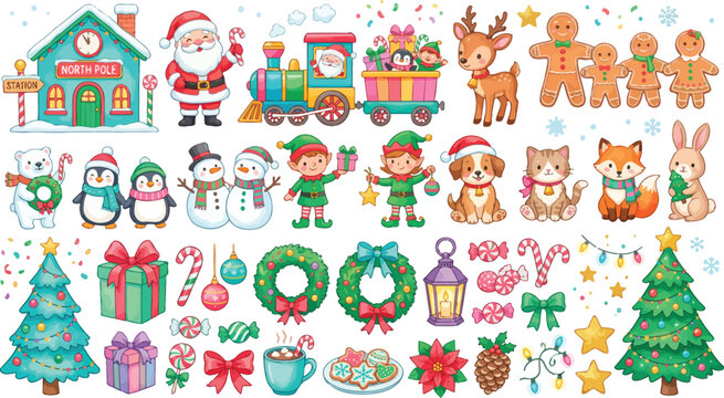 A festive collection of watercolor christmas elements featuring santa claus reindeer gingerbread men elves and various holiday decorations on white background