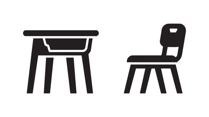 Fototapeta premium Student desk and chair icon set, black flat vector classroom school furniture and study workspace symbols