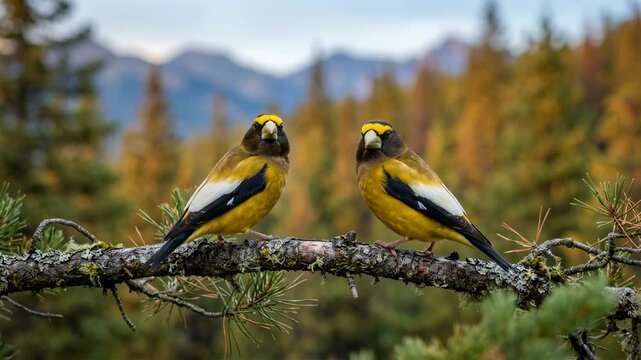 two evening grosbeak close up on branches in canadian boreal forest morning light video