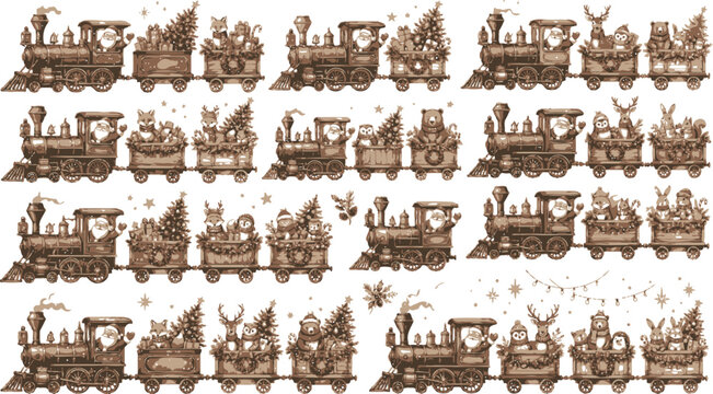 A detailed vintage illustration of multiple steam locomotives and train carriages arranged in rows on a plain white background surface