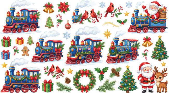 Watercolor christmas collection featuring vintage steam trains santa claus reindeer pine trees poinsettia flowers and festive holiday decorative design elements