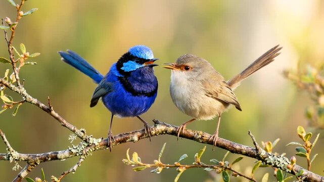 two fairy wren singing close up in australian bushland morning light video
