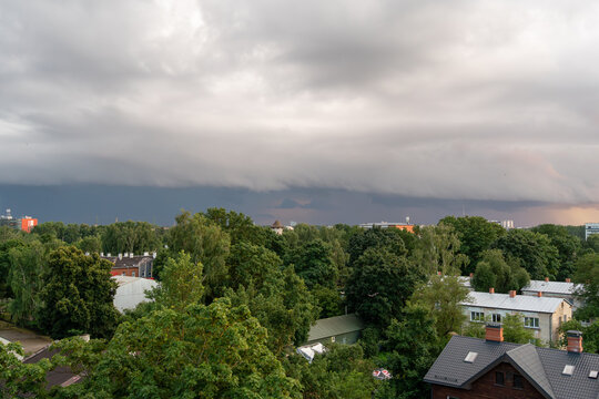 Riga City Panorama with Dramatic Thunderstorm Clouds on a Summer Evening, Latvia
