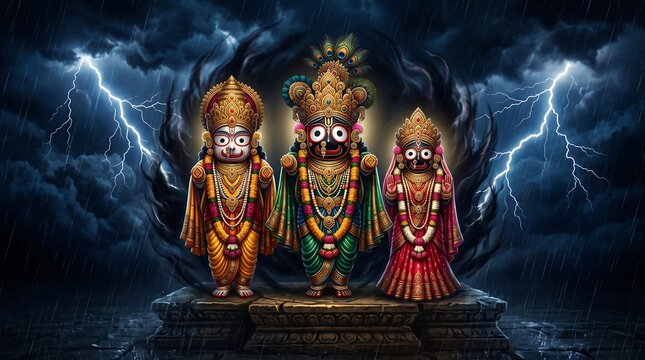  Divine Trinity Jagannath, Balabhadra, Subhadra Idols against Dramatic Stormy Sky with Lightning