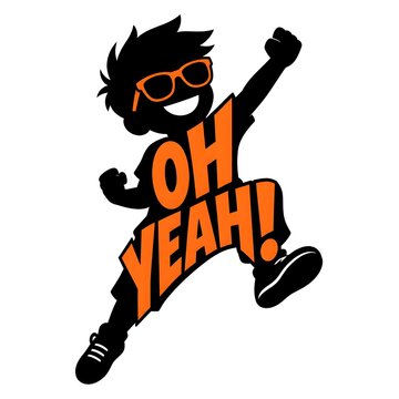 Jumping boy silhouette with "OH YEAH!" text.