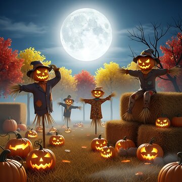 A serene autumnal scene with scarecrows and jack-o-lanterns under a full moon