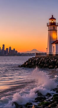 A serene lighthouse on a rocky coastline at sunset with city skyline