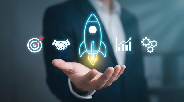 Hand Holding Digital Innovation Rocket with Technology Icons Over Dark Background
