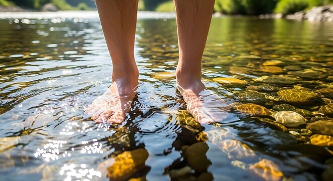 A serene scene of bare feet standing in shallow water with rocks