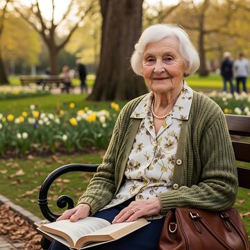 A serene elderly woman sits on a park bench with a book