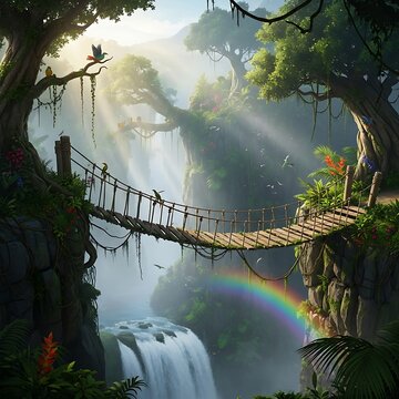 A serene jungle scene with a rickety bridge, rainbow, and waterfall amidst lush greenery and sunbeams