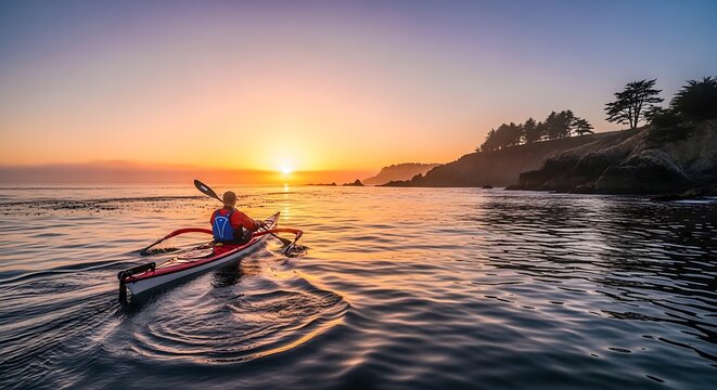 A serene kayaker paddles through calm waters at sunset near a rocky shoreline