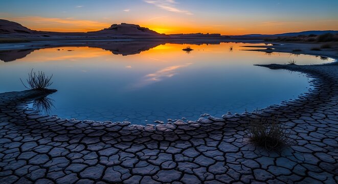 A serene landscape featuring a small, tranquil body of water surrounded by cracked, dry earth and sparse vegetation, set against a vibrant sunset backdrop