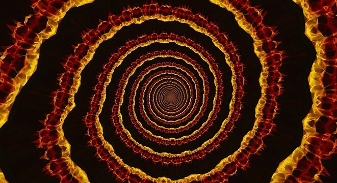 A vibrant, abstract concentric circle pattern with warm orange and yellow hues on a dark background