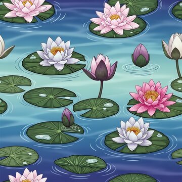 A serene pond scene with pink and white flowers and green leaves