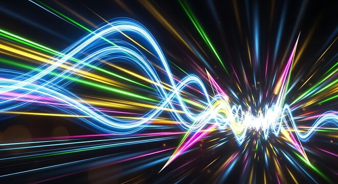 A vibrant, abstract design featuring multicolored, glowing lines radiating from a central point on a dark background