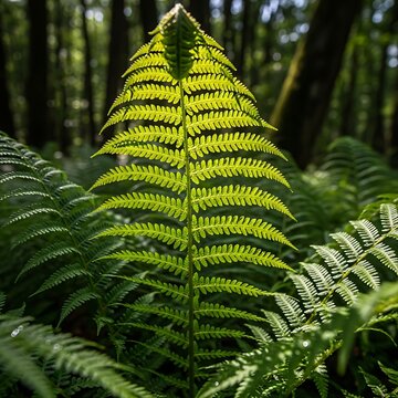 A vibrant green fern leaf stands out among lush foliage in a forest