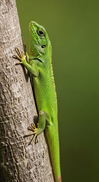 A vibrant green lizard climbing up a tree trunk