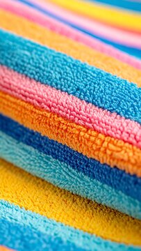 Brightly colored towels in stripes are stacked on top of each other on a blue background during a sunny day