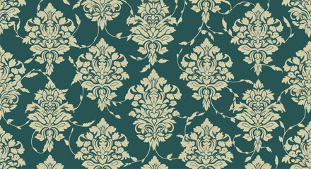 Fototapeta premium Traditional seamless damask wallpaper with floral motifs and scroll accents