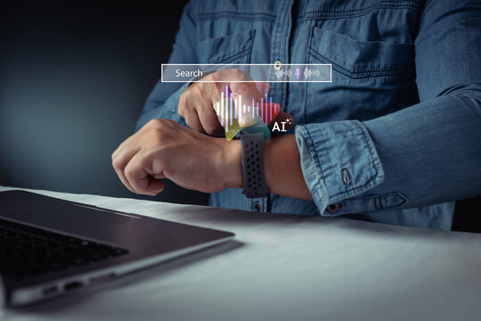 Man using a smartwatch with AI voice search and audio wave hologram. Concept of artificial intelligence, wearable technology, smart gadget, voice command, and futuristic communication.