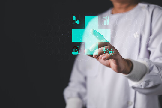 Doctor touching a glowing digital medical cross hologram with futuristic health icons. Concept of modern healthcare technology, telemedicine, science research, and digital medical innovation.