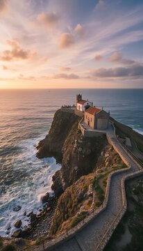 A winding road leads to a cluster of buildings perched on a rugged cliffside overlooking turbulent seas at sunset