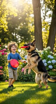 A young boy and a dog playing with a frisbee in a sunny garden